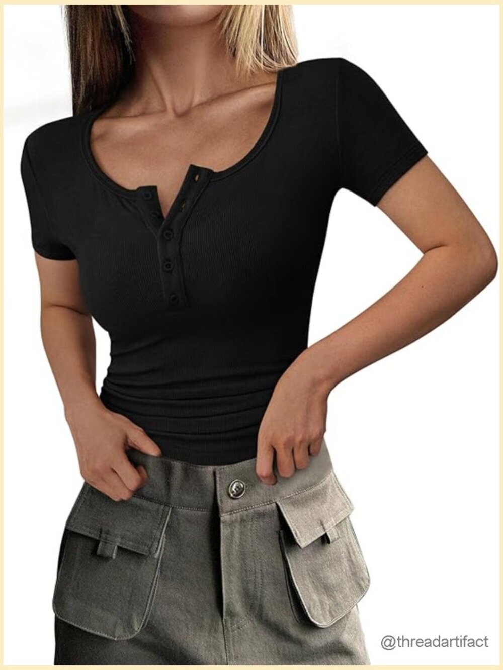 Women's Ribbed Henley T-Shirt - Short Sleeve Slim Fit Button Front Blouse